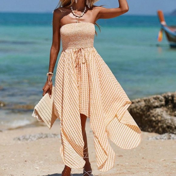 Coral Orange Womens Plaid Knot Front Asymmetrical Hem Tube Dress - Picture 5 of 5